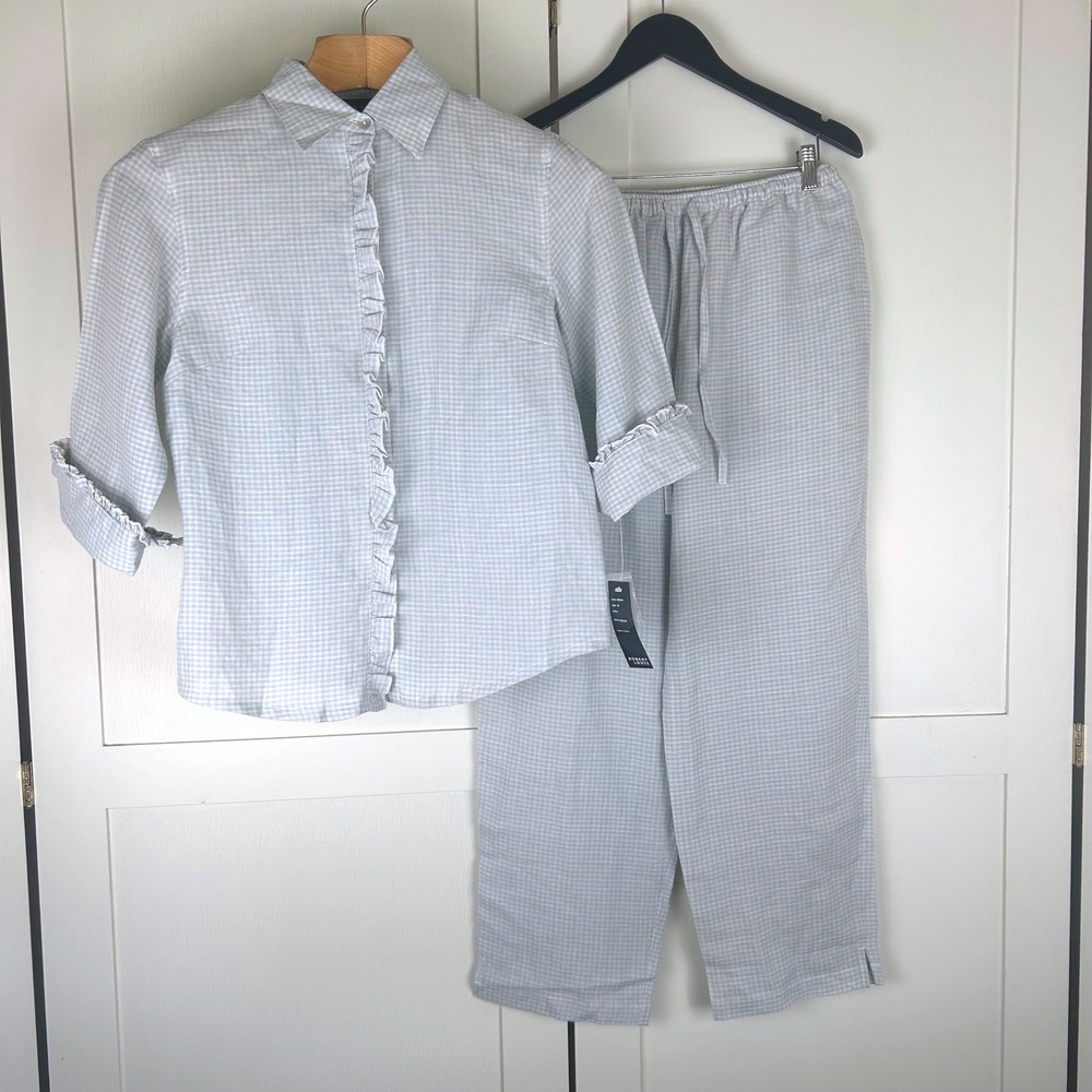 Vintage Robert Louis Linen Gingham Set Womens Medium Blue Ruffle Cottagecore